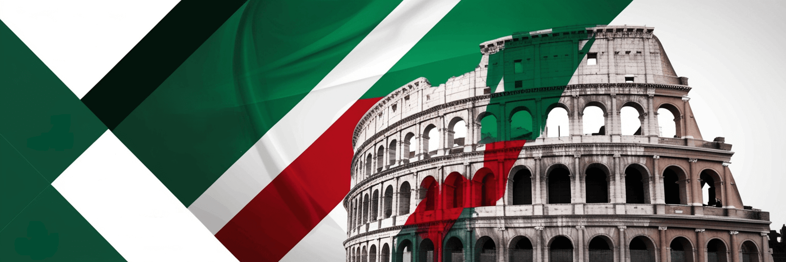italian language conference banner with Italian flag colors, professional event photography style